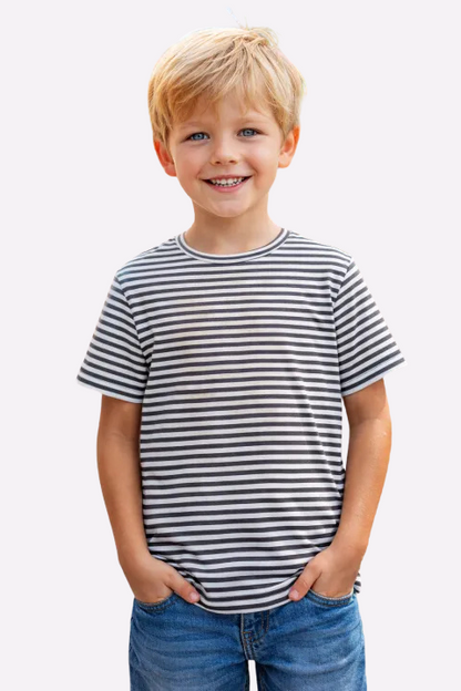 Grey Striped Kids T-Shirt – 100% Cotton Summer Comfort